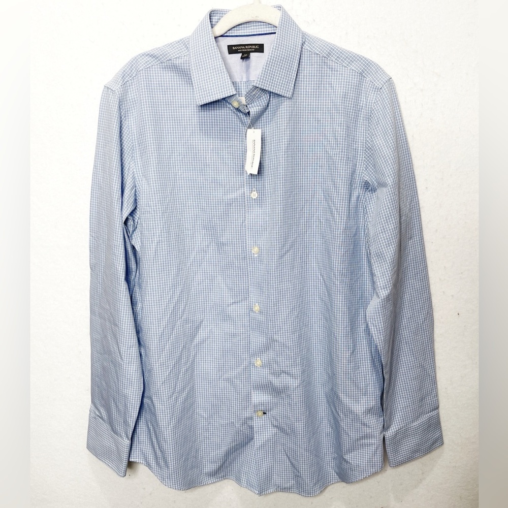 Banana Republic Slim-Fit Non-Iron Dress Shirt 100% Cotton Plaid Size Medium Blue